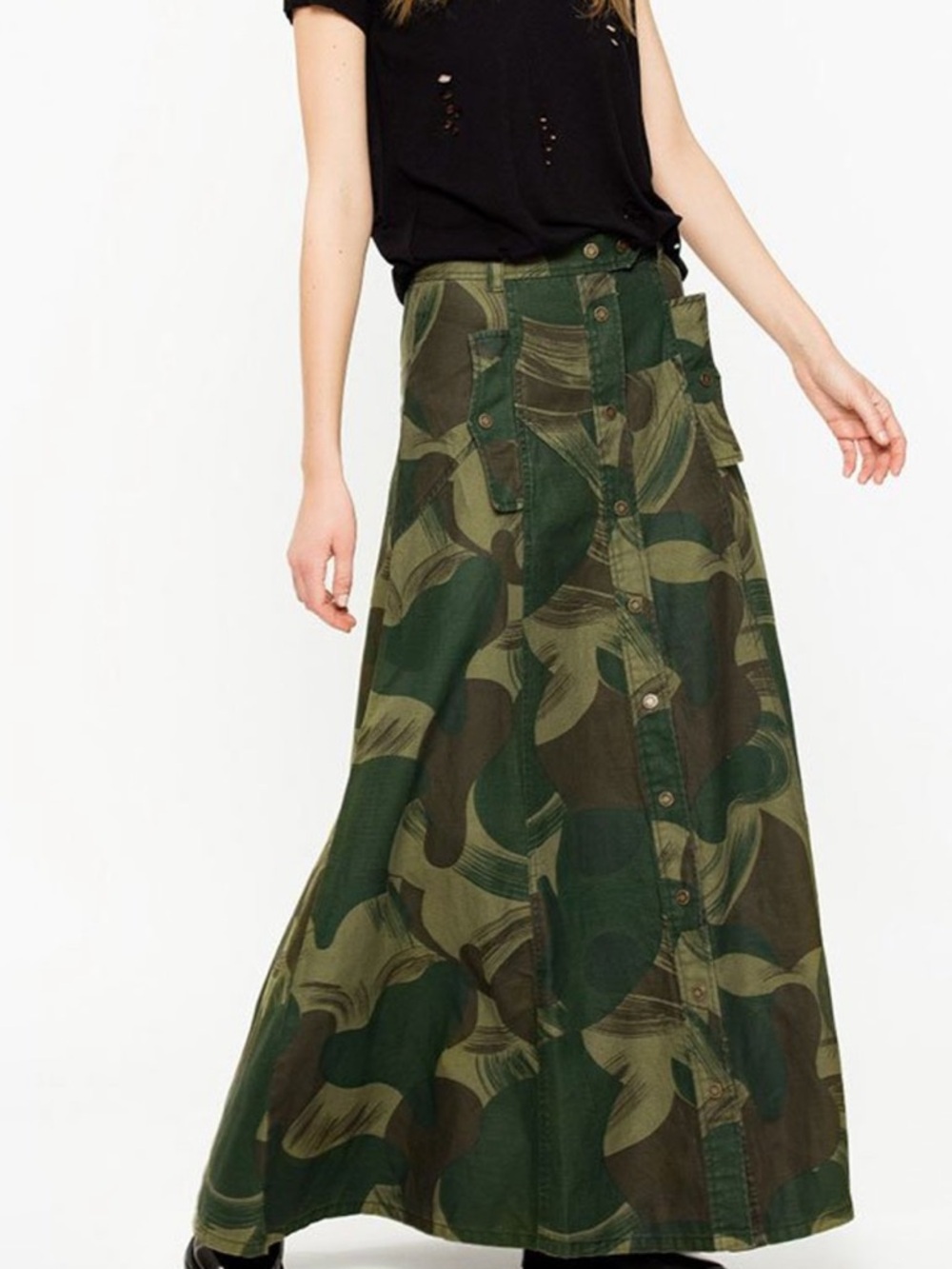 Zadig & Voltaire Jam Camo Maxi Skirt Linen Blend A-Line EUR 36 US 4 NWOT